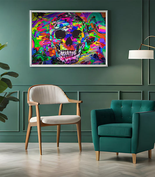 Tableau Décoratif Pop Art Crâne Coloré en Impression sur Velours