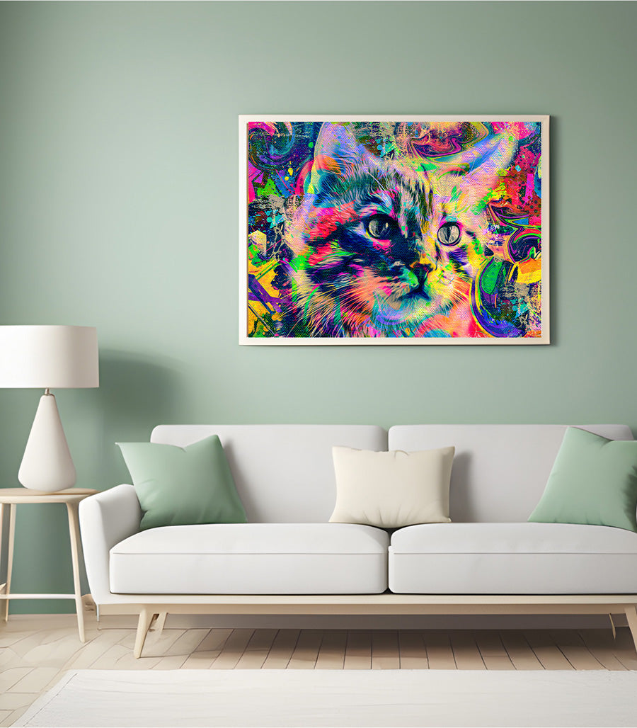 Tableau Décoratif Pop Art Animaux - Chat Coloré en Impression sur Velours