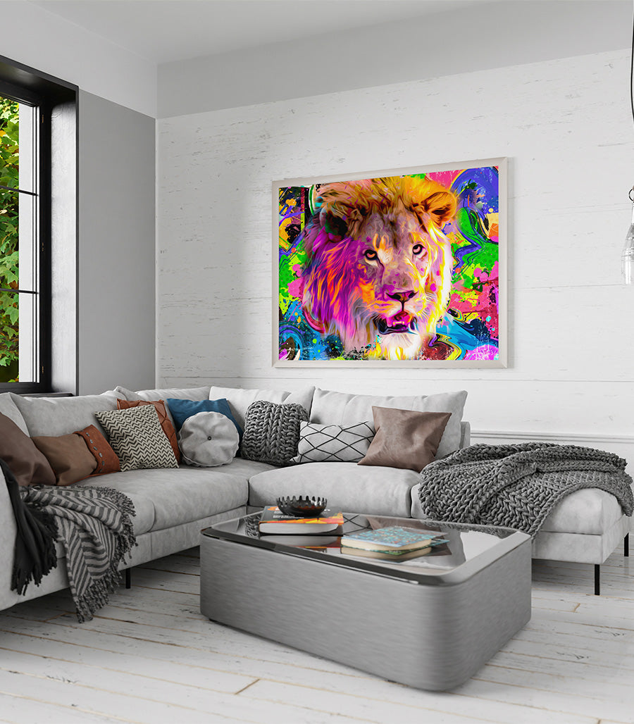 Tableau Décoratif Pop Art Animaux - Lion Coloré en Impression sur Velours