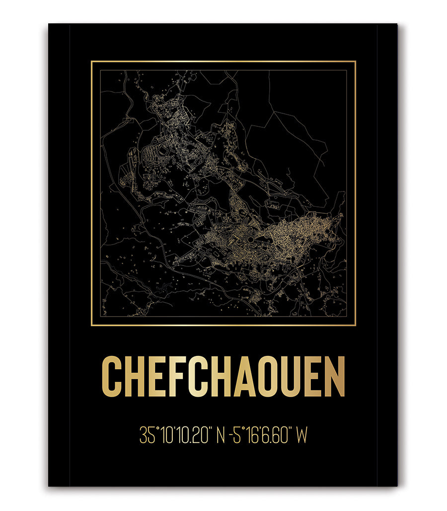 Tableau Décoratif Carte de Chefchaouen - Noir et Doré Élégant