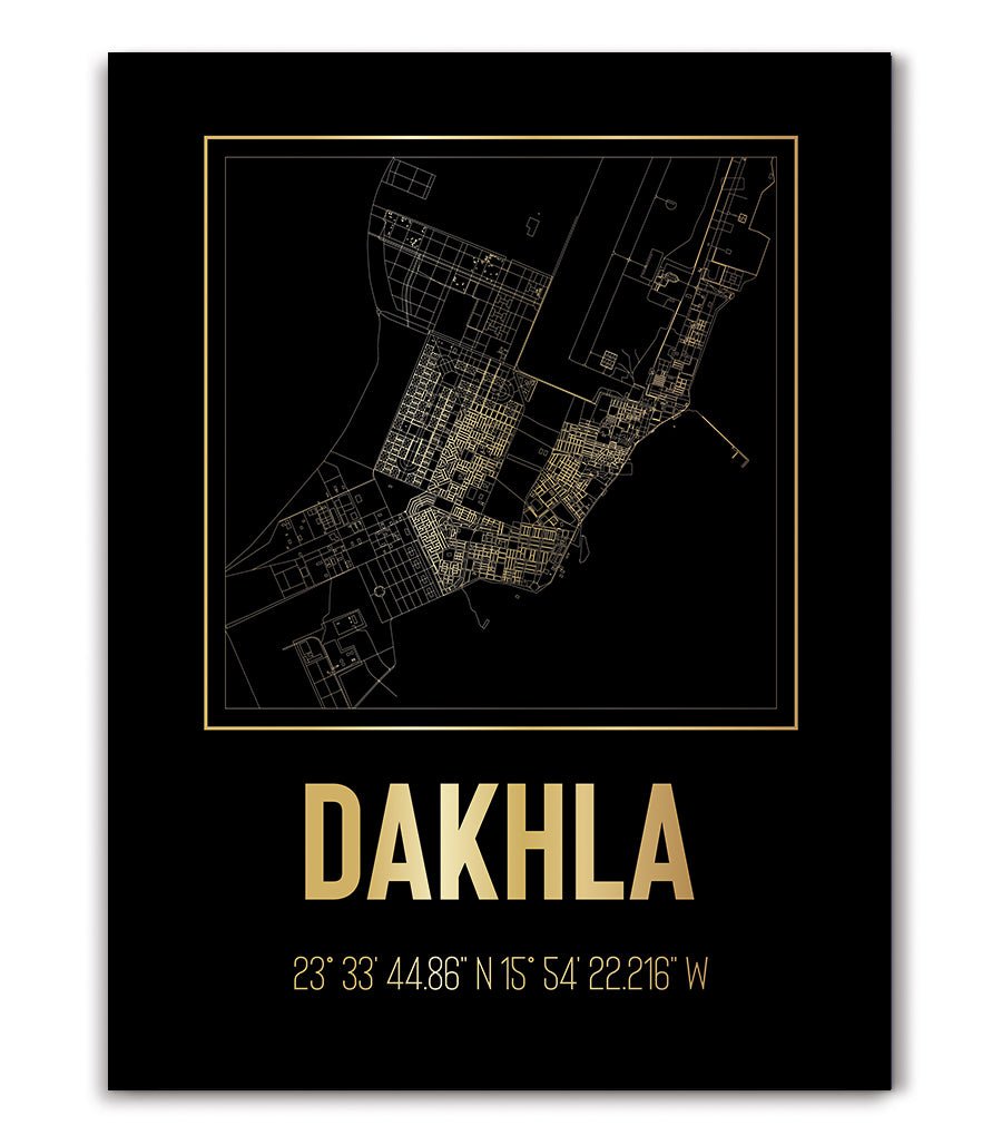 Tableau Décoratif Carte de Dakhla - Noir et Doré Élégant