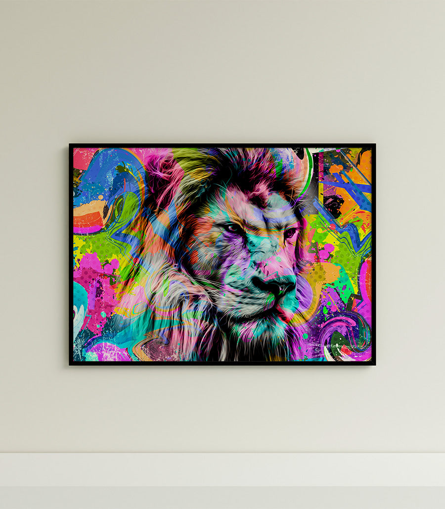 Tableau Décoratif Pop Art Animaux - Lion Majestueux Coloré en Impression sur Velours