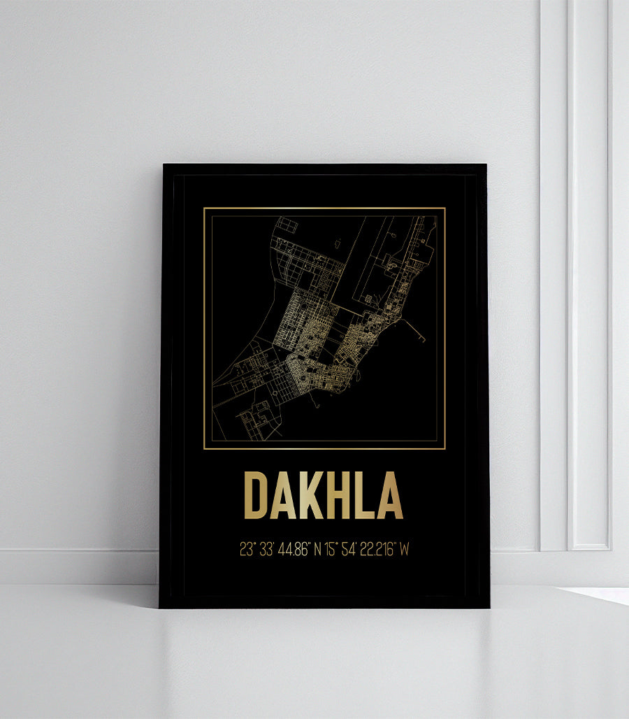 Tableau Décoratif Carte de Dakhla - Noir et Doré Élégant