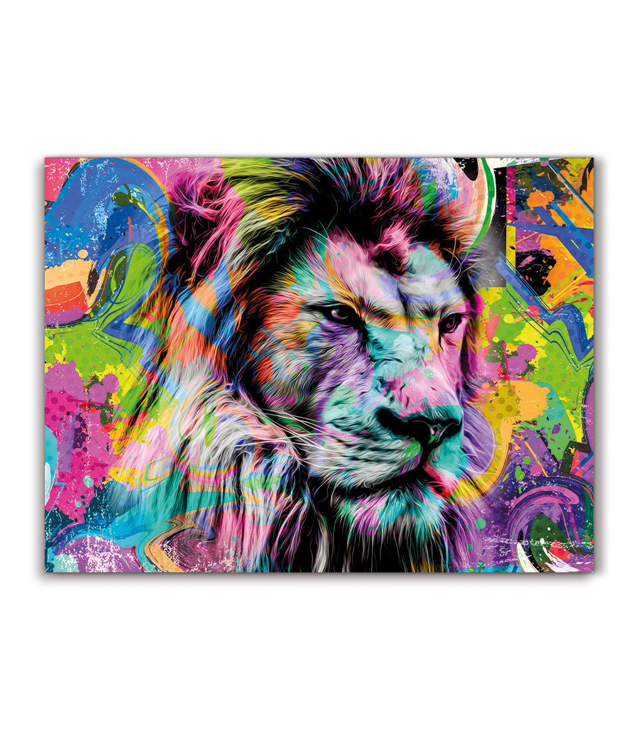 Tableau Décoratif Pop Art Animaux - Lion Majestueux Coloré en Impression sur Velours