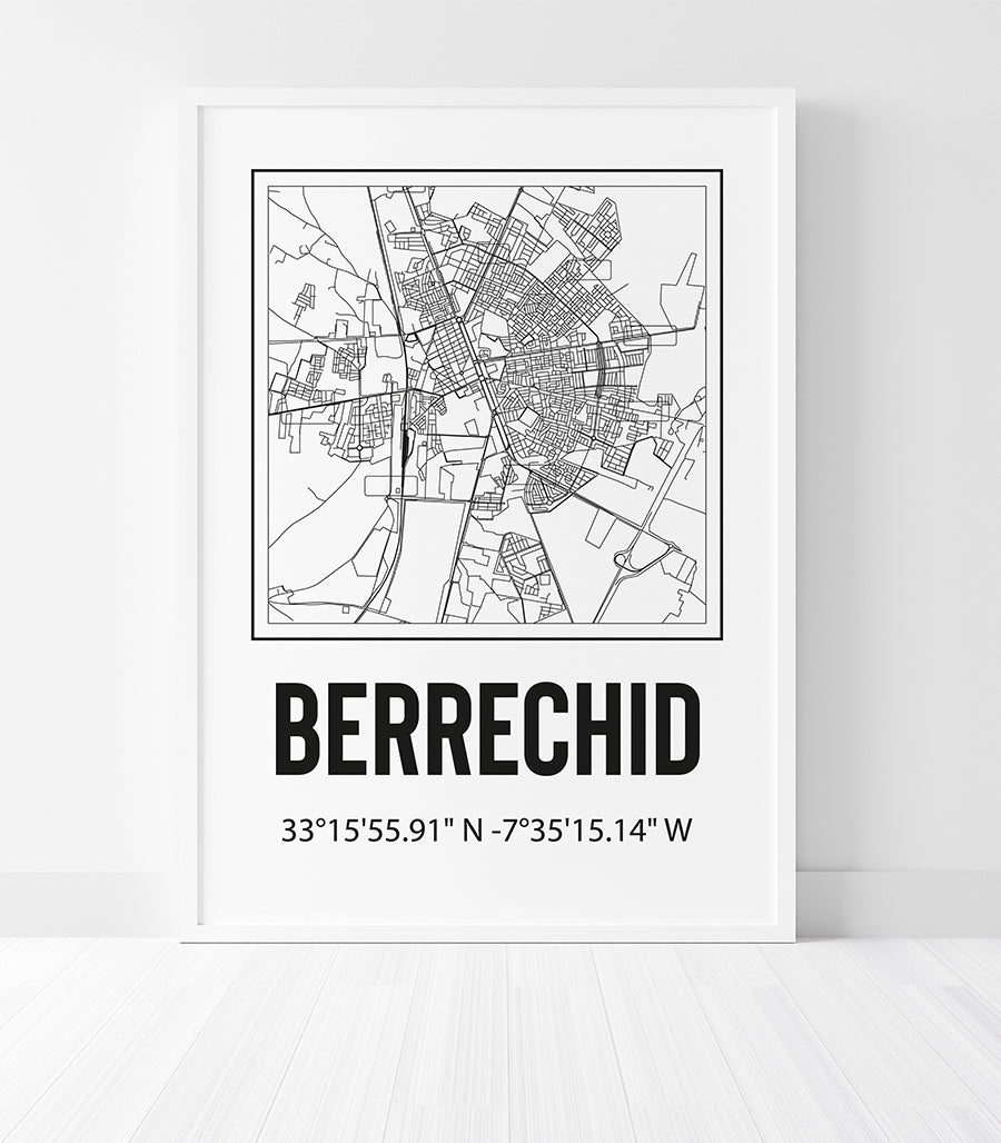 Tableau Décoratif Carte de Berrechid - Design Noir et Dor