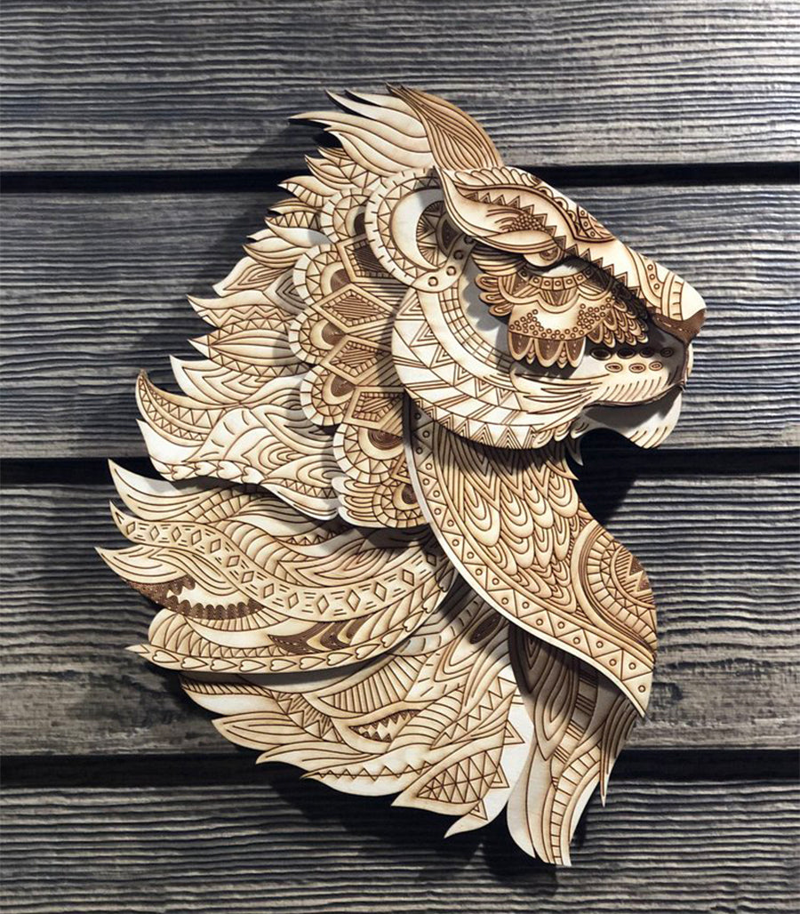 Lion en Bois 3D Multicouches pour Mur